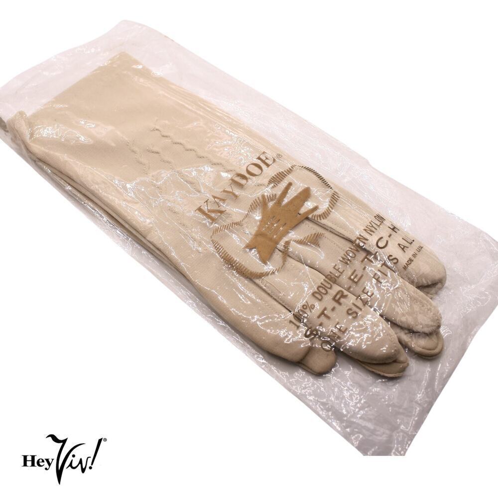 Vintage KayDoe Gloves Tan Stretch Nylon Original Package Wrist Length - Hey Viv